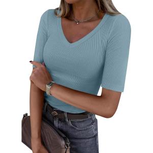imageANRABESS Womens Half Sleeve Tops V Neck Ribbed Knit Slim Fit Basic T Shirts 2026 Summer Casual Tees Spring Trendy ClothesLight Blue