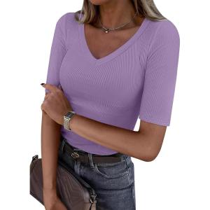 imageANRABESS Womens Half Sleeve Tops V Neck Ribbed Knit Slim Fit Basic T Shirts 2026 Summer Casual Tees Spring Trendy ClothesLight Purple