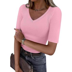imageANRABESS Womens Half Sleeve Tops V Neck Ribbed Knit Slim Fit Basic T Shirts 2026 Summer Casual Tees Spring Trendy ClothesPink