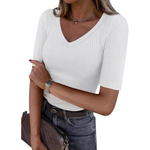imageANRABESS Womens Half Sleeve Tops V Neck Ribbed Knit Slim Fit Basic T Shirts 2026 Summer Casual Tees Spring Trendy ClothesWhite