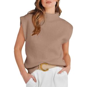 imageANRABESS Womens Mock Neck Sleeveless Sweater Vest Casual Cap Sleeve Knit Pullover Tank Tops 2026 Fall ClothesKhaki
