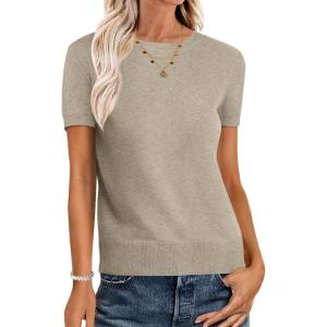 imageANRABESS Womens Short Sleeve Sweaters Wool Blend Crew Neck Sweater Shirts Business Casual Work Tops 2026 Summer OutfitsAlmond