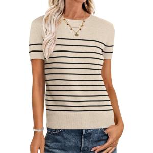 imageANRABESS Womens Short Sleeve Sweaters Wool Blend Crew Neck Sweater Shirts Business Casual Work Tops 2026 Summer OutfitsBeige Black Stripe