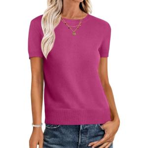 imageANRABESS Womens Short Sleeve Sweaters Wool Blend Crew Neck Sweater Shirts Business Casual Work Tops 2026 Summer OutfitsHot Pink