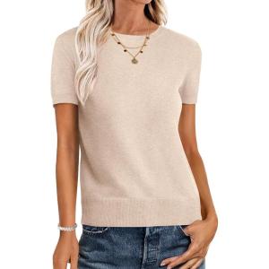 imageANRABESS Womens Short Sleeve Sweaters Wool Blend Crew Neck Sweater Shirts Business Casual Work Tops 2026 Summer OutfitsParchment Beige