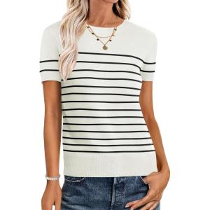 imageANRABESS Womens Short Sleeve Sweaters Wool Blend Crew Neck Sweater Shirts Business Casual Work Tops 2026 Summer OutfitsWhite Black Stripe