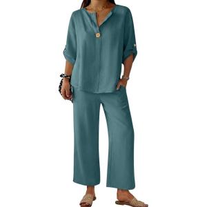 imageANRABESS Womens Summer 2 Piece Lounge Sets Half Sleeve V Neck Top Linen Wide Leg Palazzo Pants Set 2026 Beach Travel OutfitsLake