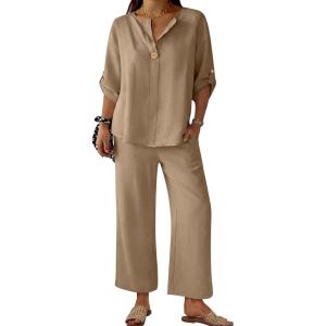 imageANRABESS Womens Summer 2 Piece Lounge Sets Half Sleeve V Neck Top Linen Wide Leg Palazzo Pants Set 2026 Beach Travel OutfitsYellow Khaki