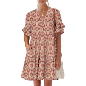 imageANRABESS Womens Summer 2026 Trendy Ruffle Short Sleeve V Neck A Line Tiered Flowy Loose Casual Mini Beach Dress with PocketsApricot Red Floral
