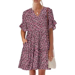 imageANRABESS Womens Summer 2026 Trendy Ruffle Short Sleeve V Neck A Line Tiered Flowy Loose Casual Mini Beach Dress with PocketsBlack Pink Floral