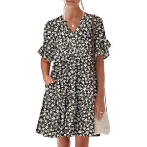 imageANRABESS Womens Summer 2026 Trendy Ruffle Short Sleeve V Neck A Line Tiered Flowy Loose Casual Mini Beach Dress with PocketsBlack White Floral