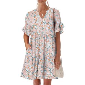 imageANRABESS Womens Summer 2026 Trendy Ruffle Short Sleeve V Neck A Line Tiered Flowy Loose Casual Mini Beach Dress with PocketsCoral Floral