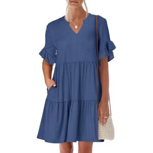 imageANRABESS Womens Summer 2026 Trendy Ruffle Short Sleeve V Neck A Line Tiered Flowy Loose Casual Mini Beach Dress with PocketsDeep Blue