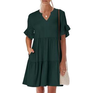 imageANRABESS Womens Summer 2026 Trendy Ruffle Short Sleeve V Neck A Line Tiered Flowy Loose Casual Mini Beach Dress with PocketsForest Green