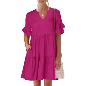 imageANRABESS Womens Summer 2026 Trendy Ruffle Short Sleeve V Neck A Line Tiered Flowy Loose Casual Mini Beach Dress with PocketsHot Pink