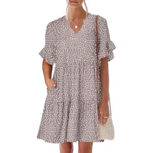 imageANRABESS Womens Summer 2026 Trendy Ruffle Short Sleeve V Neck A Line Tiered Flowy Loose Casual Mini Beach Dress with PocketsKhaki Polka Dot Gray