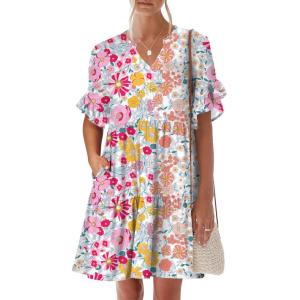 imageANRABESS Womens Summer 2026 Trendy Ruffle Short Sleeve V Neck A Line Tiered Flowy Loose Casual Mini Beach Dress with PocketsMulticolour Floral
