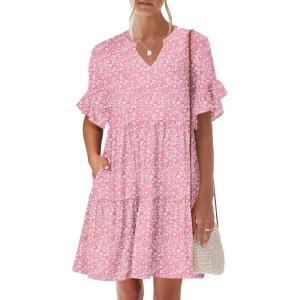 imageANRABESS Womens Summer 2026 Trendy Ruffle Short Sleeve V Neck A Line Tiered Flowy Loose Casual Mini Beach Dress with PocketsPink Floral