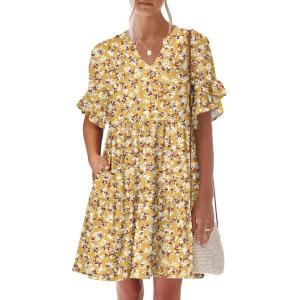 imageANRABESS Womens Summer 2026 Trendy Ruffle Short Sleeve V Neck A Line Tiered Flowy Loose Casual Mini Beach Dress with PocketsYellow Red White Floral