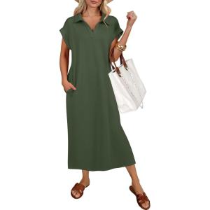 imageANRABESS Womens Summer Casual Maxi Dresses Short Sleeve Polo V Neck Loose Split WrinkleFree Beach Vacation Tshirt Long DressArmy Green