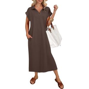 imageANRABESS Womens Summer Casual Maxi Dresses Short Sleeve Polo V Neck Loose Split WrinkleFree Beach Vacation Tshirt Long DressBrown