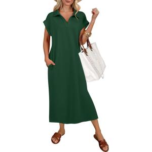 imageANRABESS Womens Summer Casual Maxi Dresses Short Sleeve Polo V Neck Loose Split WrinkleFree Beach Vacation Tshirt Long DressForest Green