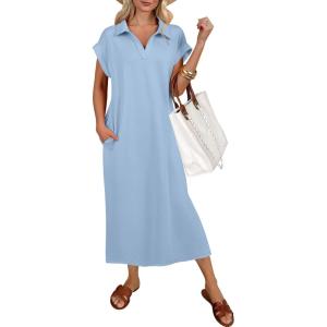 imageANRABESS Womens Summer Casual Maxi Dresses Short Sleeve Polo V Neck Loose Split WrinkleFree Beach Vacation Tshirt Long DressLight Blue