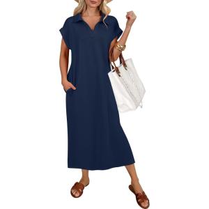 imageANRABESS Womens Summer Casual Maxi Dresses Short Sleeve Polo V Neck Loose Split WrinkleFree Beach Vacation Tshirt Long DressNavy Blue