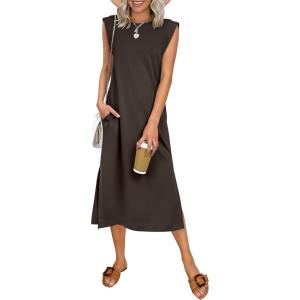 imageANRABESS Womens Summer Casual Midi Dress Sleeveless Crewneck Loose Split WrinkleFree Beach Travel Vacation Long SundressBrown