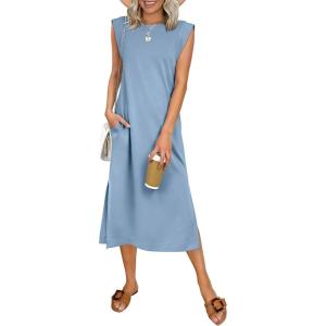 imageANRABESS Womens Summer Casual Midi Dress Sleeveless Crewneck Loose Split WrinkleFree Beach Travel Vacation Long SundressLight Blue