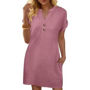 imageANRABESS Womens Summer Dresses Casual Short Sleeve V Neck Textured Cute Mini Tshirt Dress 2026 Spring Beach Shift SundressGrey Pink