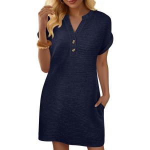 imageANRABESS Womens Summer Dresses Casual Short Sleeve V Neck Textured Cute Mini Tshirt Dress 2026 Spring Beach Shift SundressNavy Blue