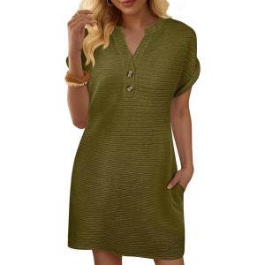 imageANRABESS Womens Summer Dresses Casual Short Sleeve V Neck Textured Cute Mini Tshirt Dress 2026 Spring Beach Shift SundressOlive Green
