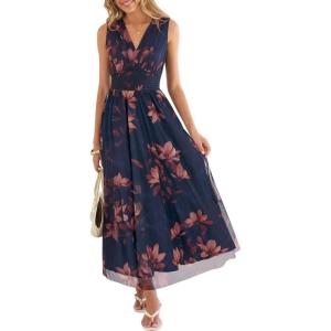 imageANRABESS Womens Summer Floral Dress V Neck Sleeveless A Line Wedding Guest Maxi Tulle Dresses Casual Beach Vacation ClothesBrown Beige Floral Dark Blue