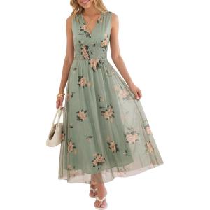 imageANRABESS Womens Summer Floral Dress V Neck Sleeveless A Line Wedding Guest Maxi Tulle Dresses Casual Beach Vacation ClothesFloral Green