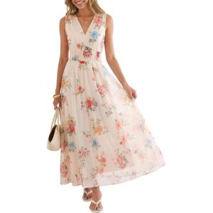 imageANRABESS Womens Summer Floral Dress V Neck Sleeveless A Line Wedding Guest Maxi Tulle Dresses Casual Beach Vacation ClothesMulticolored Rose Apricot