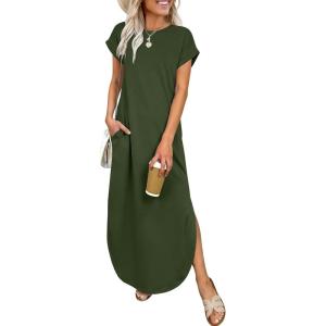 imageANRABESS Womens Summer Maxi Dress 2026 Casual Short Sleeve Loose Split WrinkleFree Beach Vacation Long Sundress with PocketsArmy Green