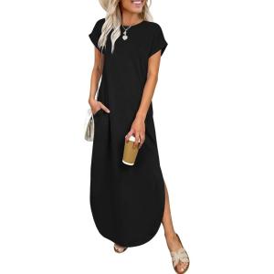 imageANRABESS Womens Summer Maxi Dress 2026 Casual Short Sleeve Loose Split WrinkleFree Beach Vacation Long Sundress with PocketsBlack