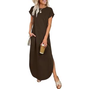 imageANRABESS Womens Summer Maxi Dress 2026 Casual Short Sleeve Loose Split WrinkleFree Beach Vacation Long Sundress with PocketsBrown