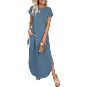imageANRABESS Womens Summer Maxi Dress 2026 Casual Short Sleeve Loose Split WrinkleFree Beach Vacation Long Sundress with PocketsGrey Blue