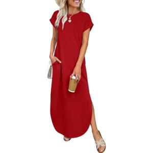 imageANRABESS Womens Summer Maxi Dress 2026 Casual Short Sleeve Loose Split WrinkleFree Beach Vacation Long Sundress with PocketsRed