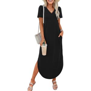imageANRABESS Womens Summer Maxi Dresses 2026 Casual Short Sleeve V Neck Loose Split Shirt Sun Dress Beach Vacation ClothesBlack
