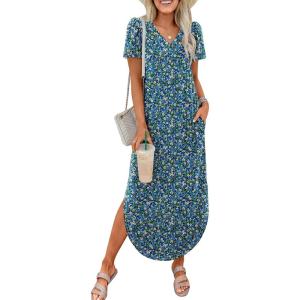 imageANRABESS Womens Summer Maxi Dresses 2026 Casual Short Sleeve V Neck Loose Split Shirt Sun Dress Beach Vacation ClothesBlue White Green Floral