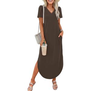 imageANRABESS Womens Summer Maxi Dresses 2026 Casual Short Sleeve V Neck Loose Split Shirt Sun Dress Beach Vacation ClothesBrown