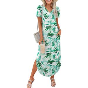 imageANRABESS Womens Summer Maxi Dresses 2026 Casual Short Sleeve V Neck Loose Split Shirt Sun Dress Beach Vacation ClothesGreen White Floral