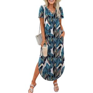 imageANRABESS Womens Summer Maxi Dresses 2026 Casual Short Sleeve V Neck Loose Split Shirt Sun Dress Beach Vacation ClothesLeaf Printed