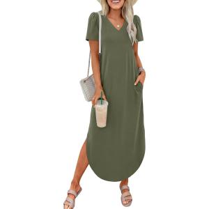 imageANRABESS Womens Summer Maxi Dresses 2026 Casual Short Sleeve V Neck Loose Split Shirt Sun Dress Beach Vacation ClothesOlive