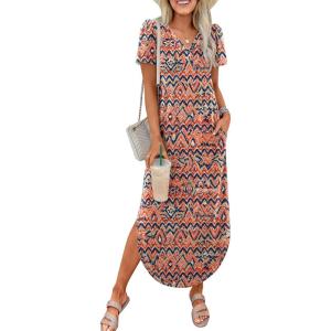 imageANRABESS Womens Summer Maxi Dresses 2026 Casual Short Sleeve V Neck Loose Split Shirt Sun Dress Beach Vacation ClothesOrange Blue Diamonds