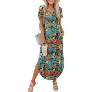 imageANRABESS Womens Summer Maxi Dresses 2026 Casual Short Sleeve V Neck Loose Split Shirt Sun Dress Beach Vacation ClothesOrange Blue Floral