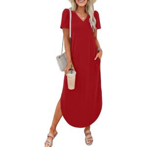imageANRABESS Womens Summer Maxi Dresses 2026 Casual Short Sleeve V Neck Loose Split Shirt Sun Dress Beach Vacation ClothesRed